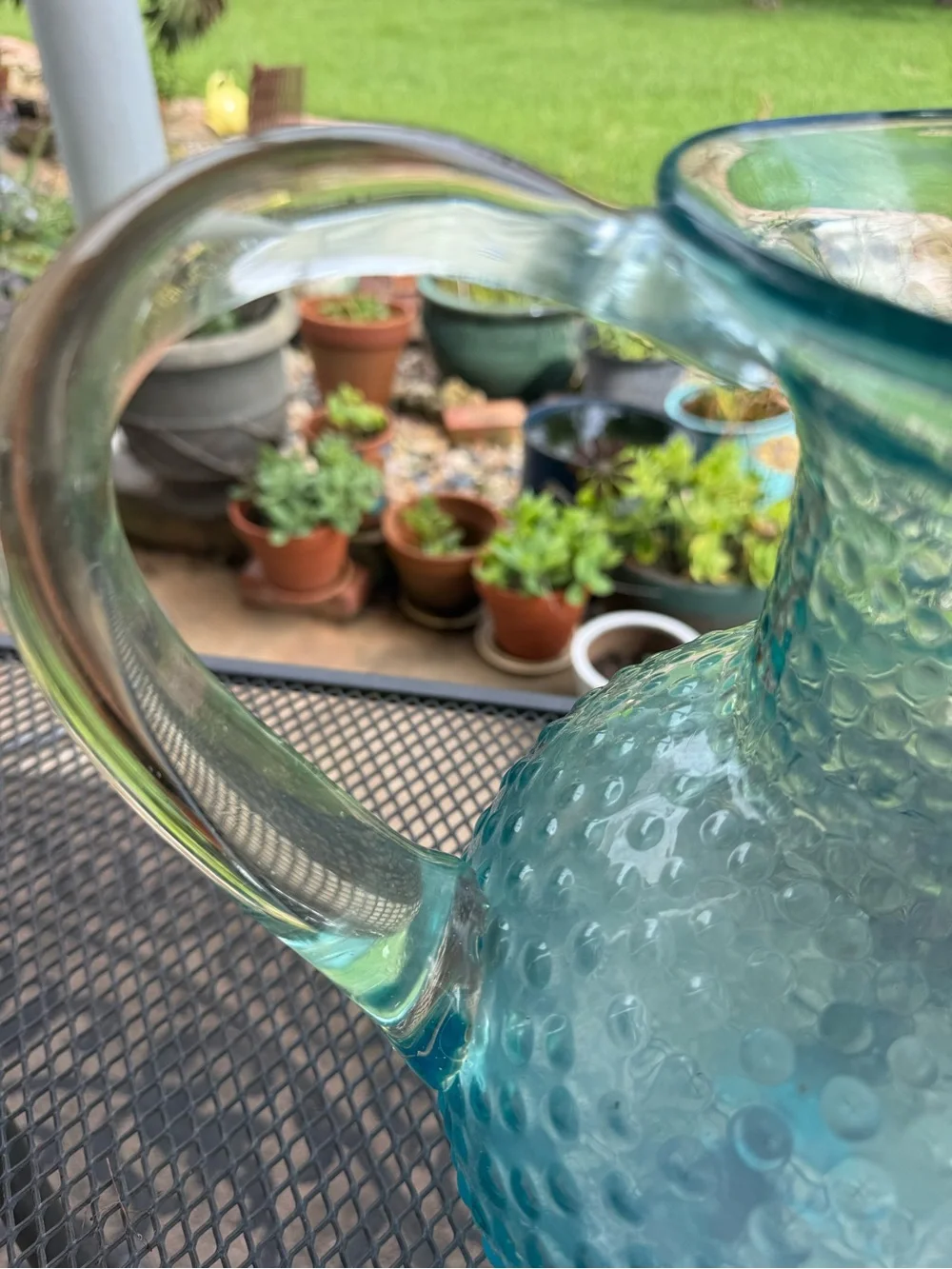 Large Hobnail Blue Turquoise Glass Pitcher 11.5 Inches 1937